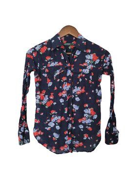 Lauren Ralph Lauren Floral Button-Down Shirt Womens Size PXS Navy Silk Blend